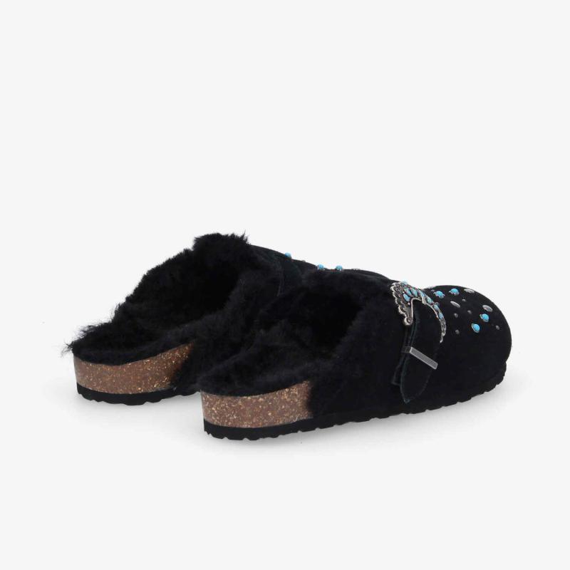 PALOMA CLOG W - SUEDE/FUR/RIVET -  NOIR/BLEU TURQUOISE